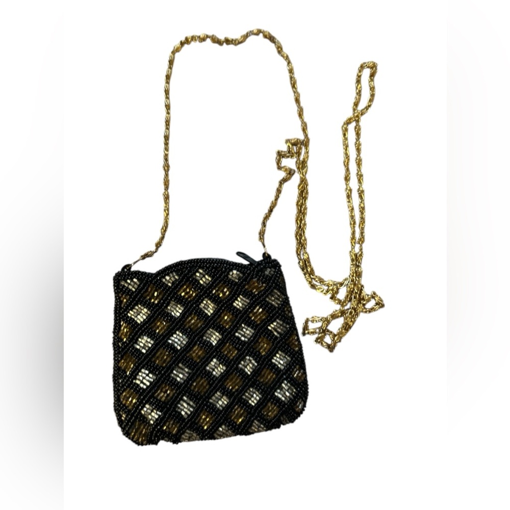 Vintage Purse Beaded Diamond Pattern Evening Purse with Black, Silver Gold Beads